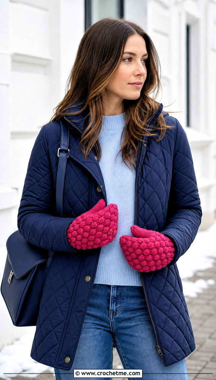 Puff Stitch Crochet Mittens With Quilted Coat - 30 crochet hand mittens outfit ideas