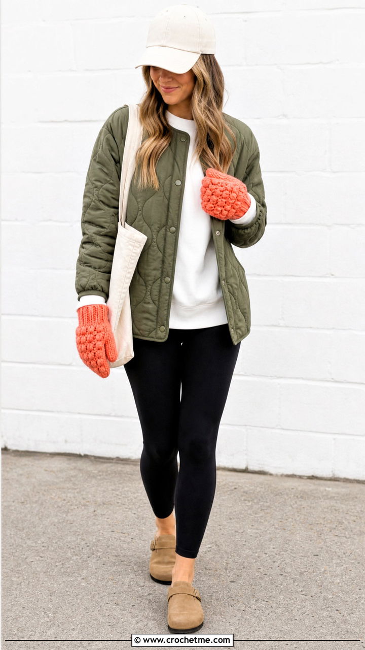 Puff Stitch Crochet Mittens With Quilted Jacket - 35 crochet mittens outfit ideas