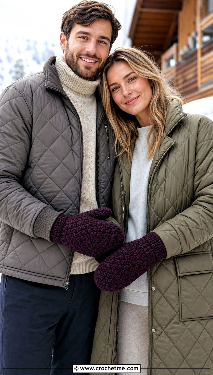 Puff Stitch Crochet Mittens With Quilted Jackets - 25 Crochet Gloves For Couples outfit ideas