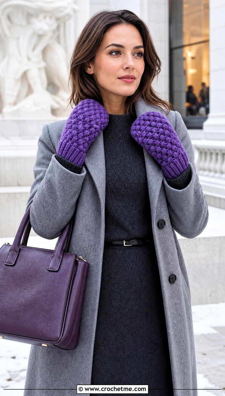 Puff Stitch Crochet Mittens With Sweater Dress - 25 women crochet mittens outfit ideas