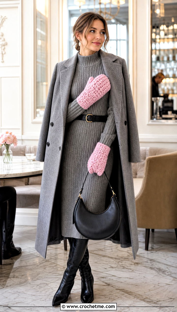Puff Stitch Crochet Mittens With Sweater Dress - 35 easy crochet mittens outfit ideas