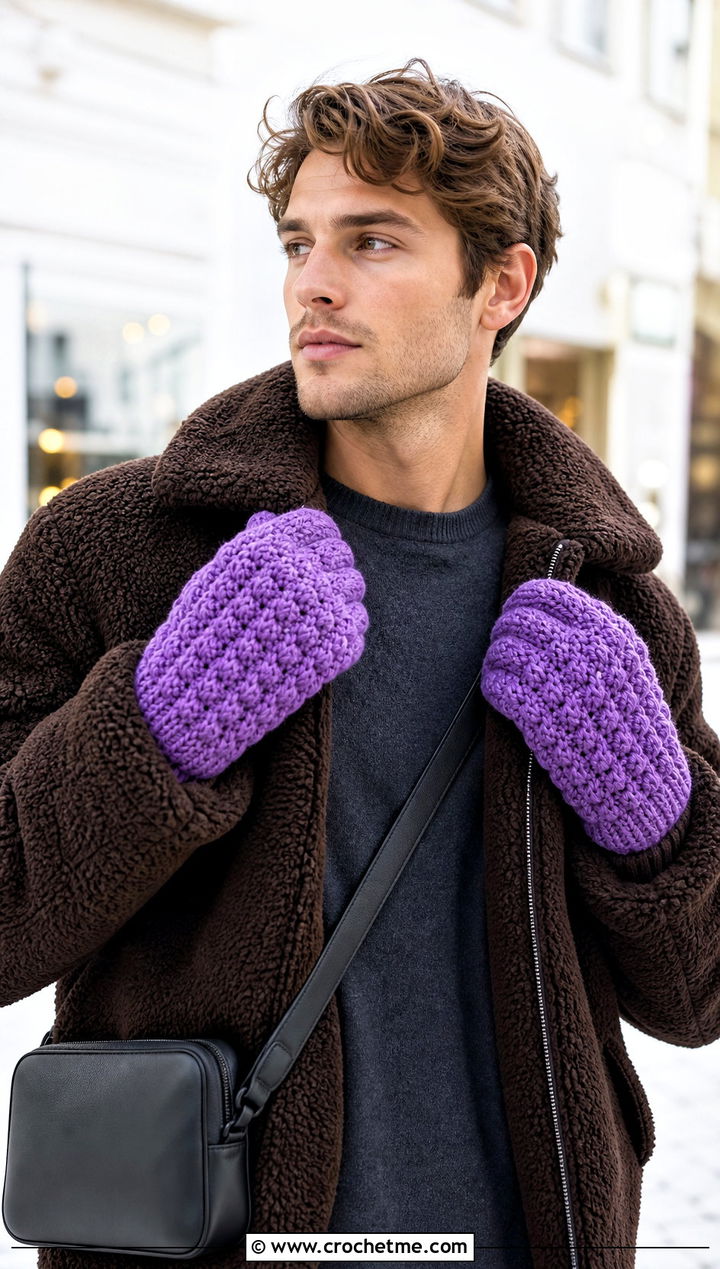 Puff Stitch Crochet Mittens With Teddy Jacket - 25 Mens Crochet Mittens outfit ideas
