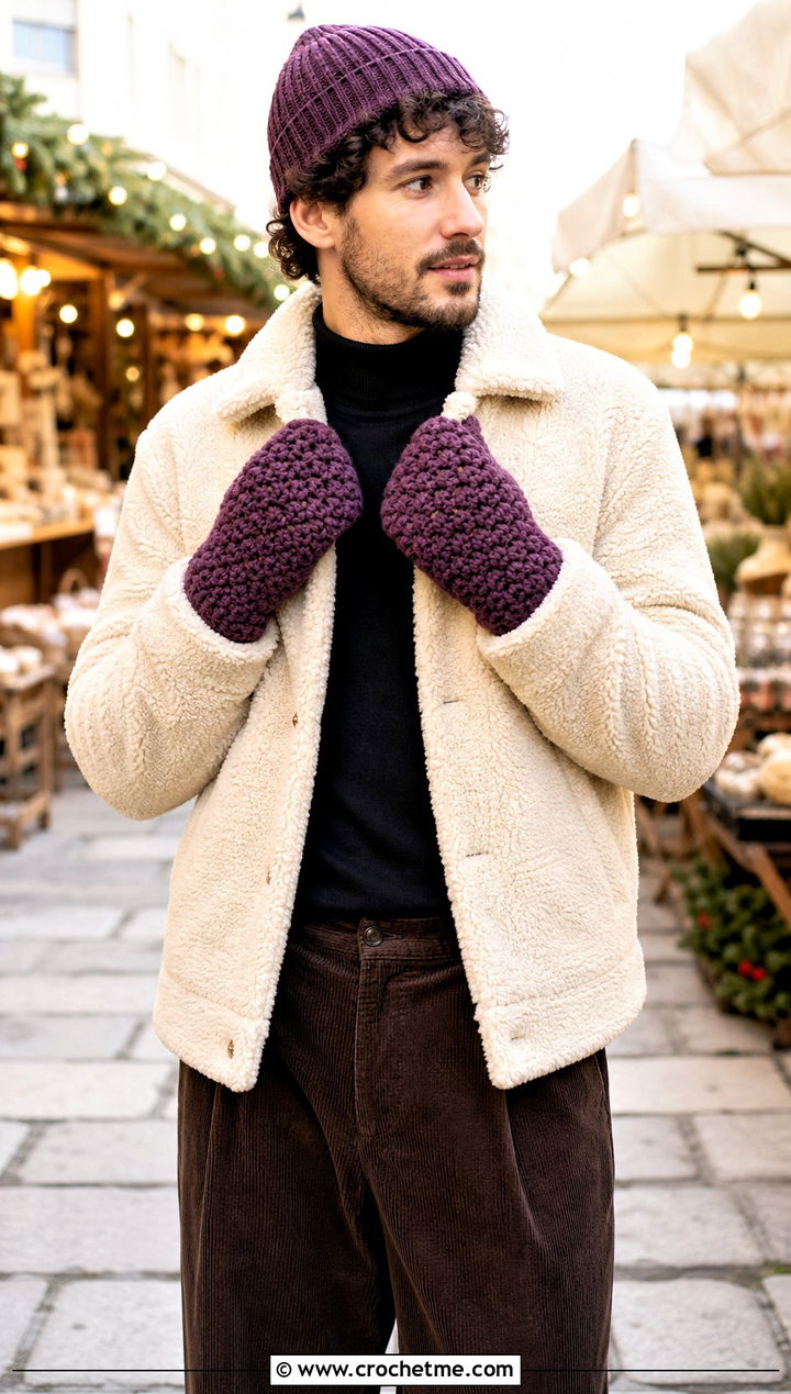 Puff Stitch Crochet Mittens With Teddy Jacket - 25 crochet mittens for men outfit ideas