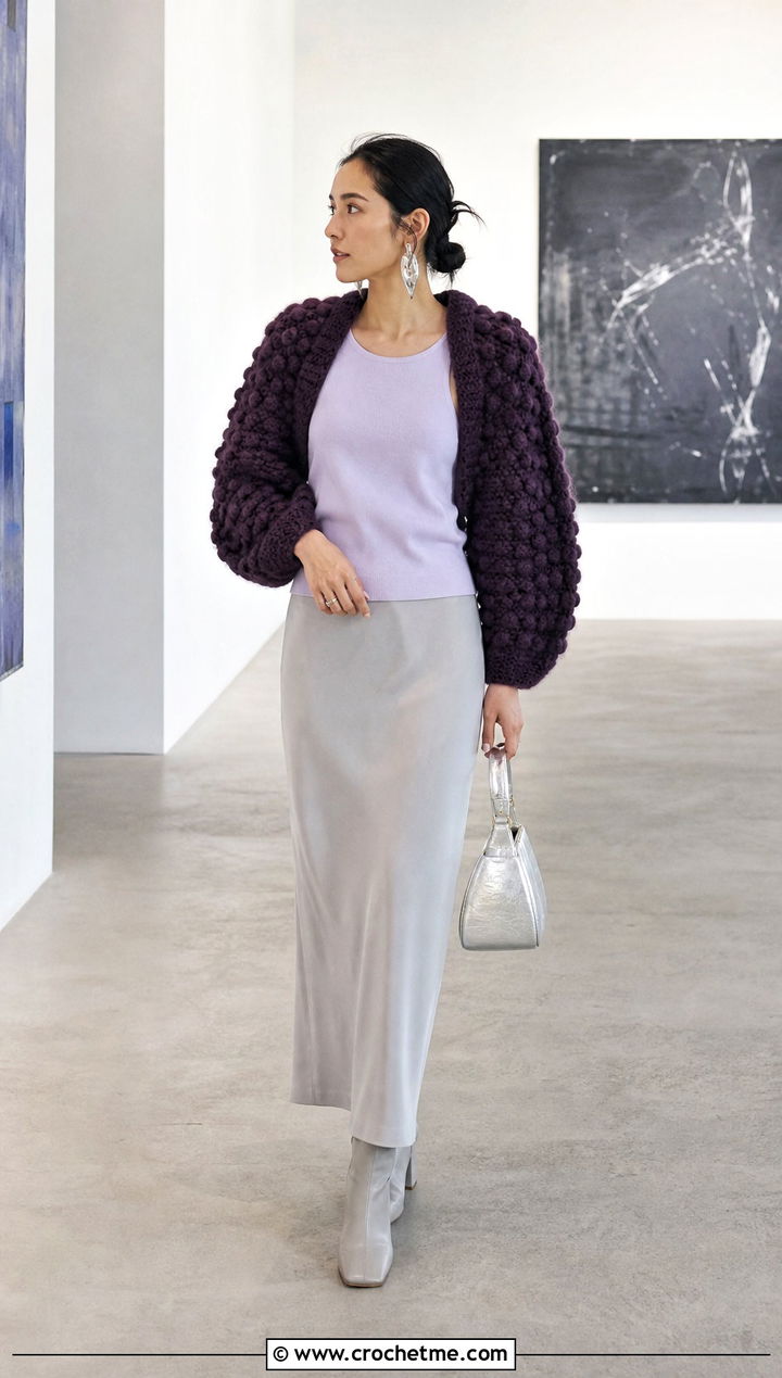 Puff Stitch Crochet Mohair Bolero With Column Skirt - 30 crochet mohair bolero outfit ideas