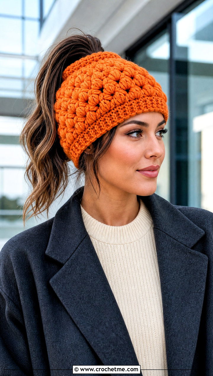 Puff Stitch Crochet Ponytail Beanie With Blazer And Wide Leg Pants - 20 Crochet Beanie With Ponytail Hole Hat outfit ideas