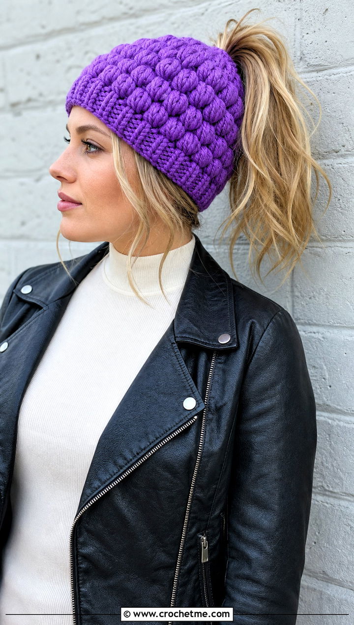 Puff Stitch Crochet Ponytail Beanie With Leather Jacket - 20 Crochet Ponytail Beanie outfit ideas