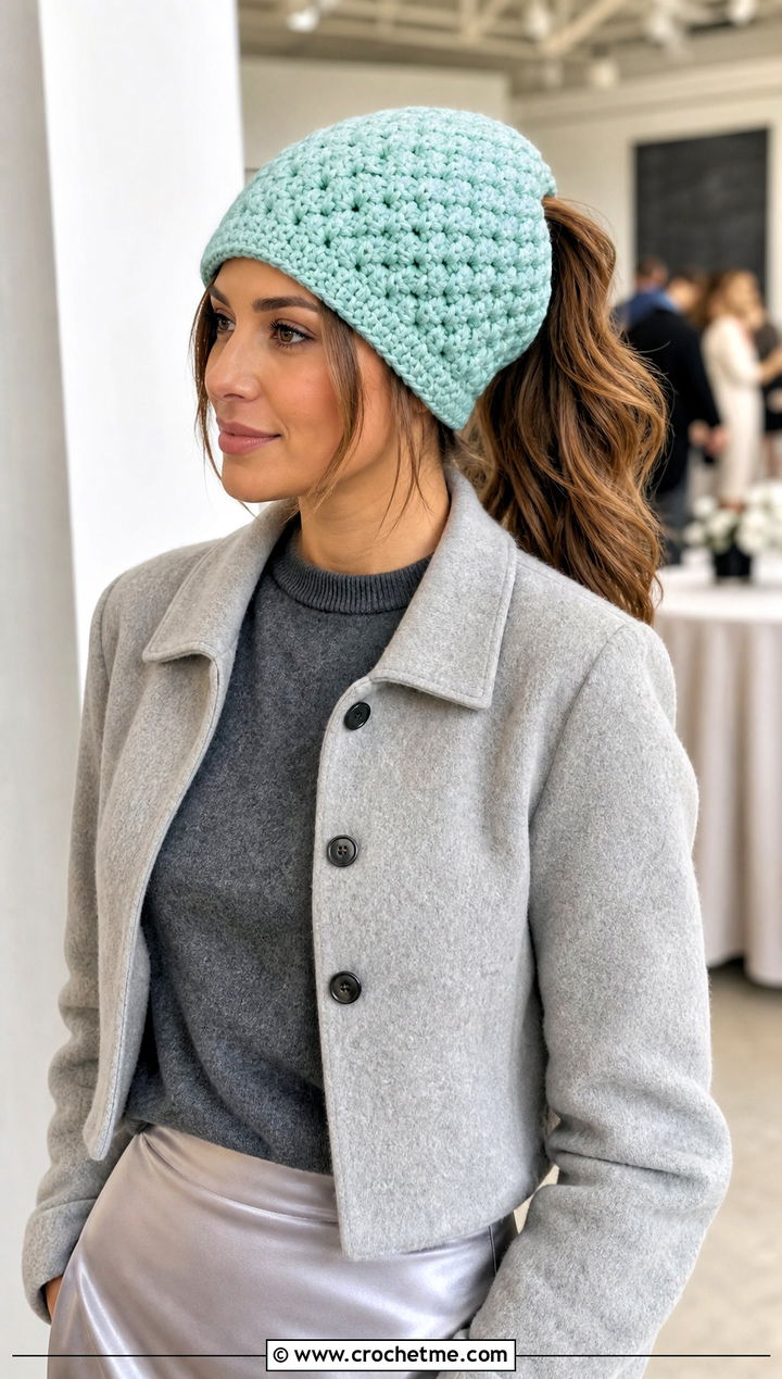 Puff Stitch Crochet Ponytail Beanie With Satin Skirt - 30 crochet hat with ponytail hole outfit ideas