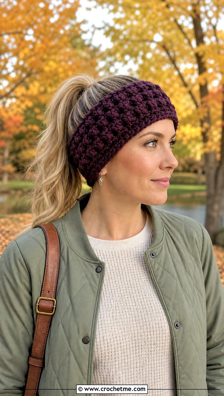 Puff Stitch Crochet Ponytail Headband With Quilted Jacket - 25 crochet headband with ponytail hole outfit ideas
