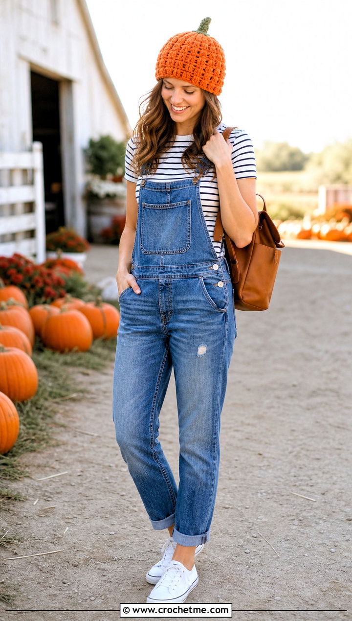 Puff Stitch Crochet Pumpkin Hat With Overalls - 35 crochet pumpkin hat outfit ideas