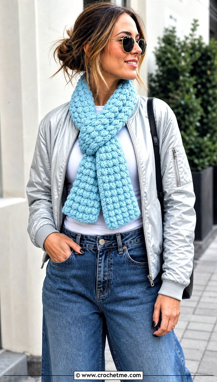 Puff Stitch Crochet Sally Scarf With Bomber Jacket - 20 Crochet Sally Scarf outfit ideas