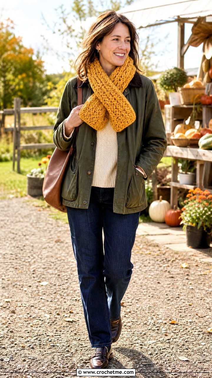 Puff Stitch Crochet Scarf With Barn Jacket - 35 crochet scarf ideas