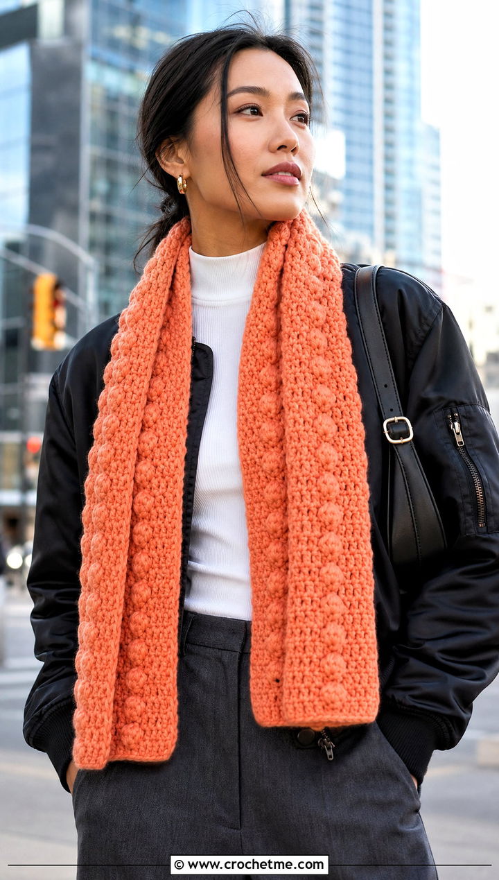 Puff Stitch Crochet Scarf With Bomber Jacket - 25 Wednesday Crochet Scarf outfit ideas