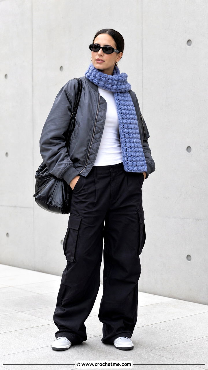 Puff Stitch Crochet Scarf With Bomber Jacket - 35 easy crochet scarves outfit ideas