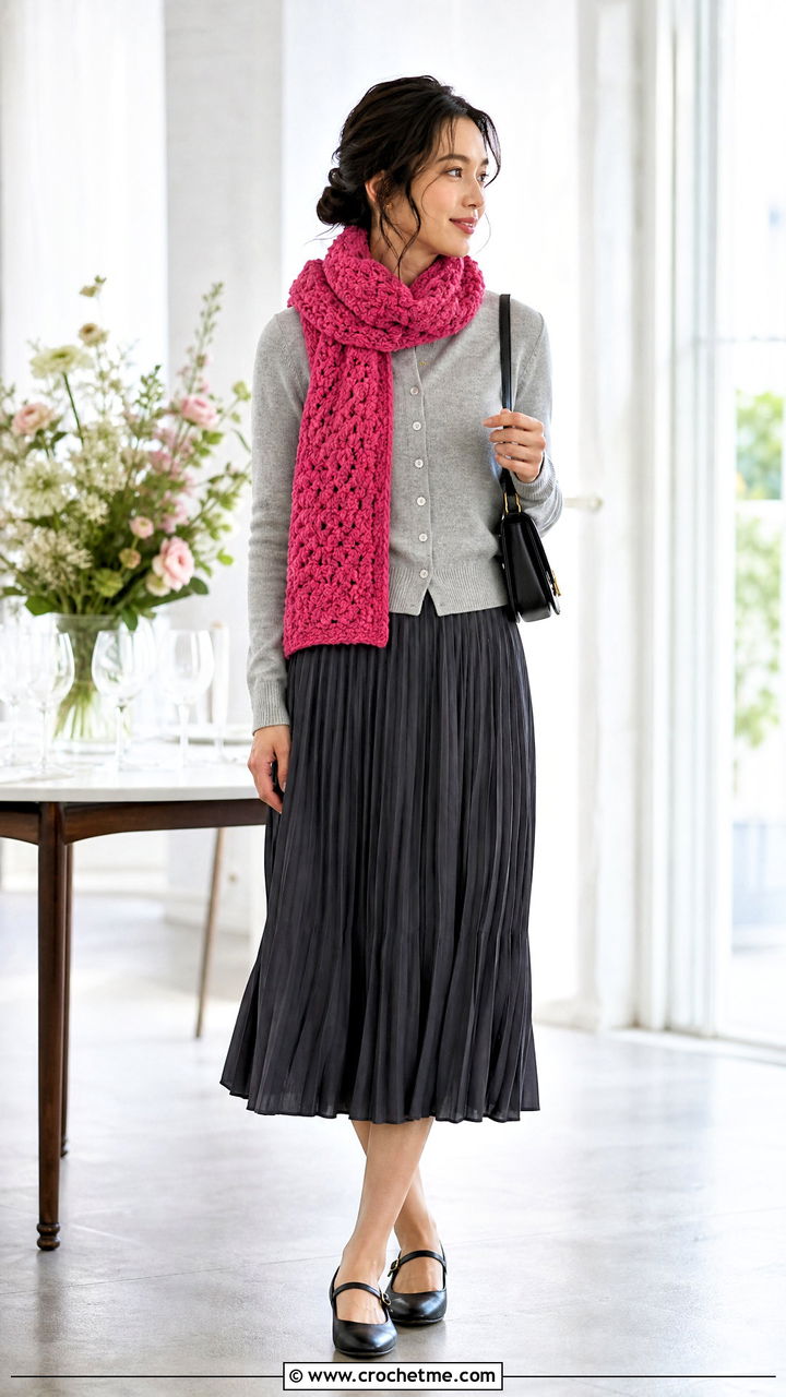 Puff Stitch Crochet Scarf With Cardigan and Pleated Skirt - 35 easy one skein crochet scarf outfit ideas