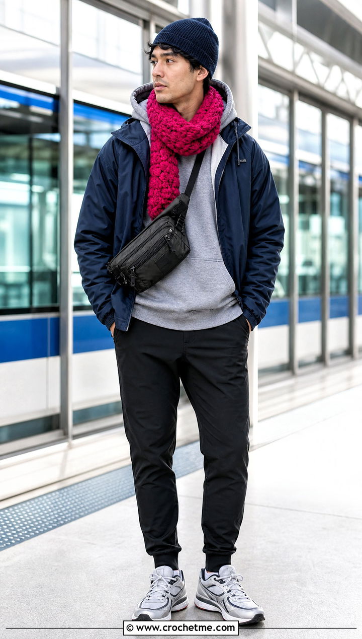 Puff Stitch Crochet Scarf With Hoodie - 35 men crochet scarf outfit ideas