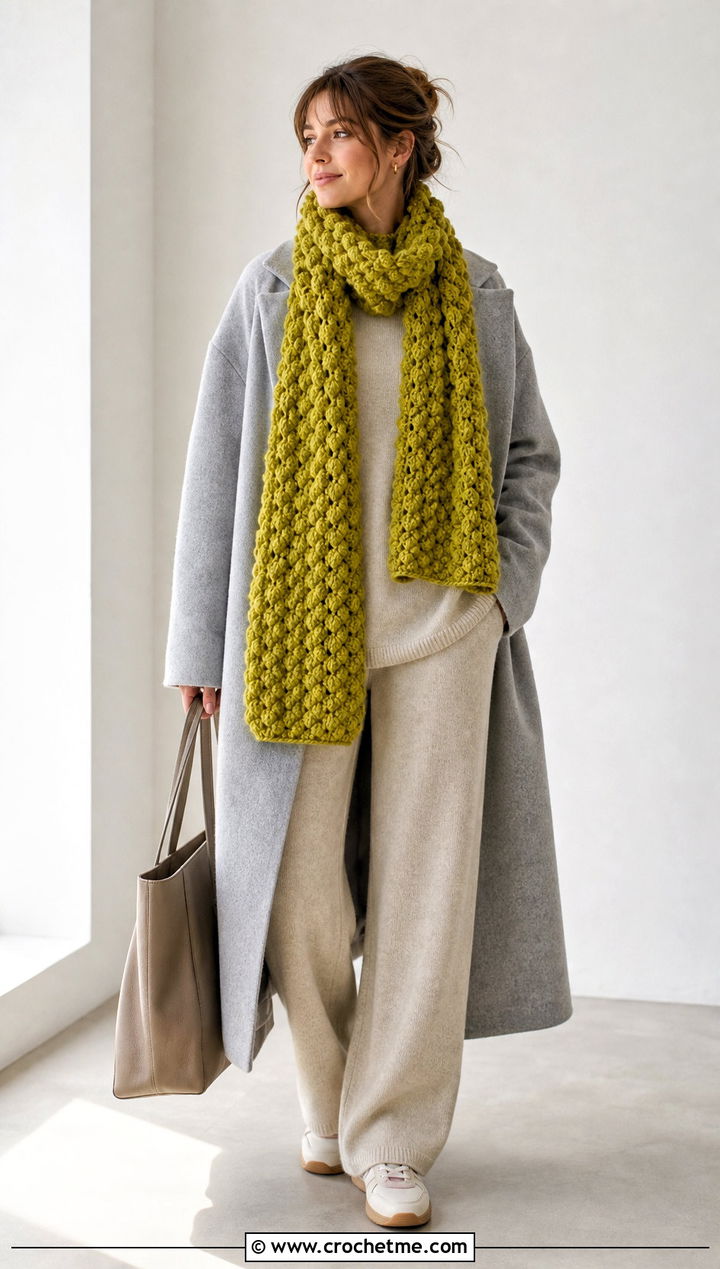 Puff Stitch Crochet Scarf With Monochrome Knit Outfit - 35 Winter Crochet Scarfs For Women outfit ideas