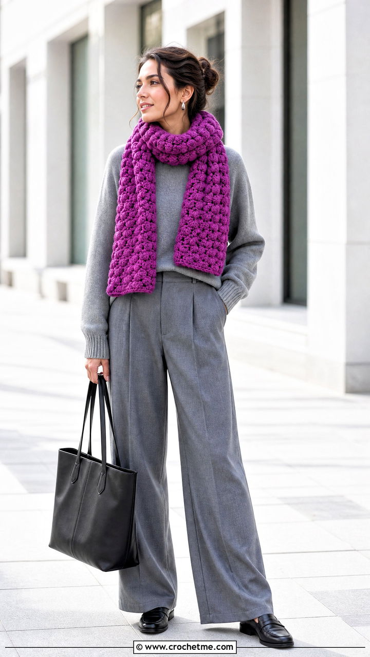 Puff Stitch Crochet Scarf With Monochrome Outfit - 35 easy crochet scarf outfit ideas