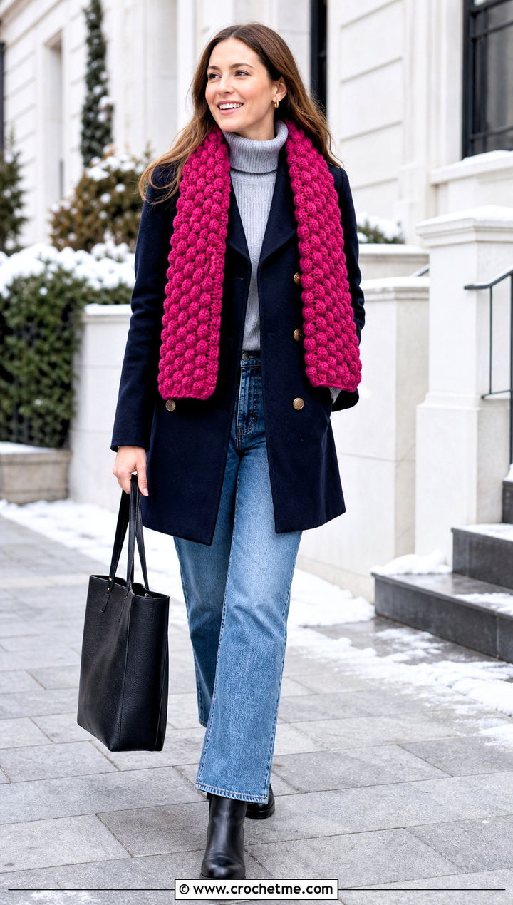 Puff Stitch Crochet Scarf With Peacoat And Jeans - 35 crochet scarves outfit ideas