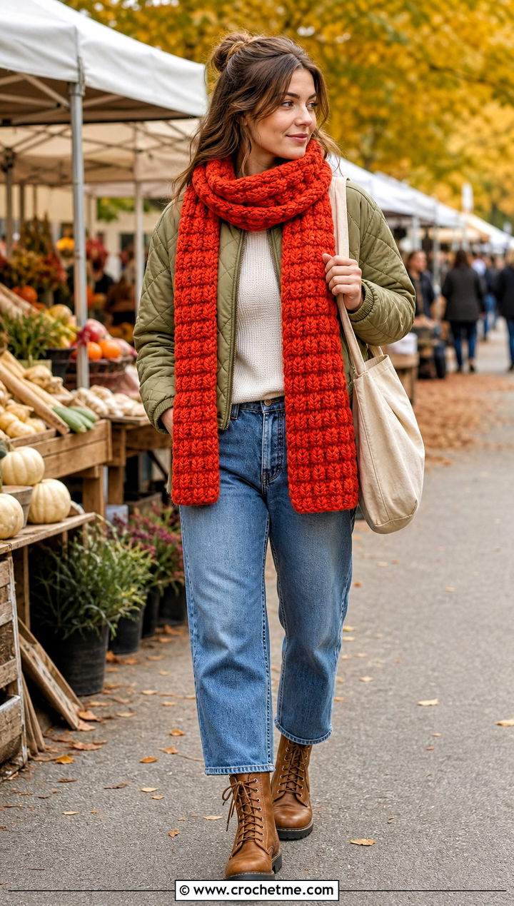 Puff Stitch Crochet Scarf With Quilted Jacket And Jeans - 35 easy crochet scarf for beginners outfit ideas