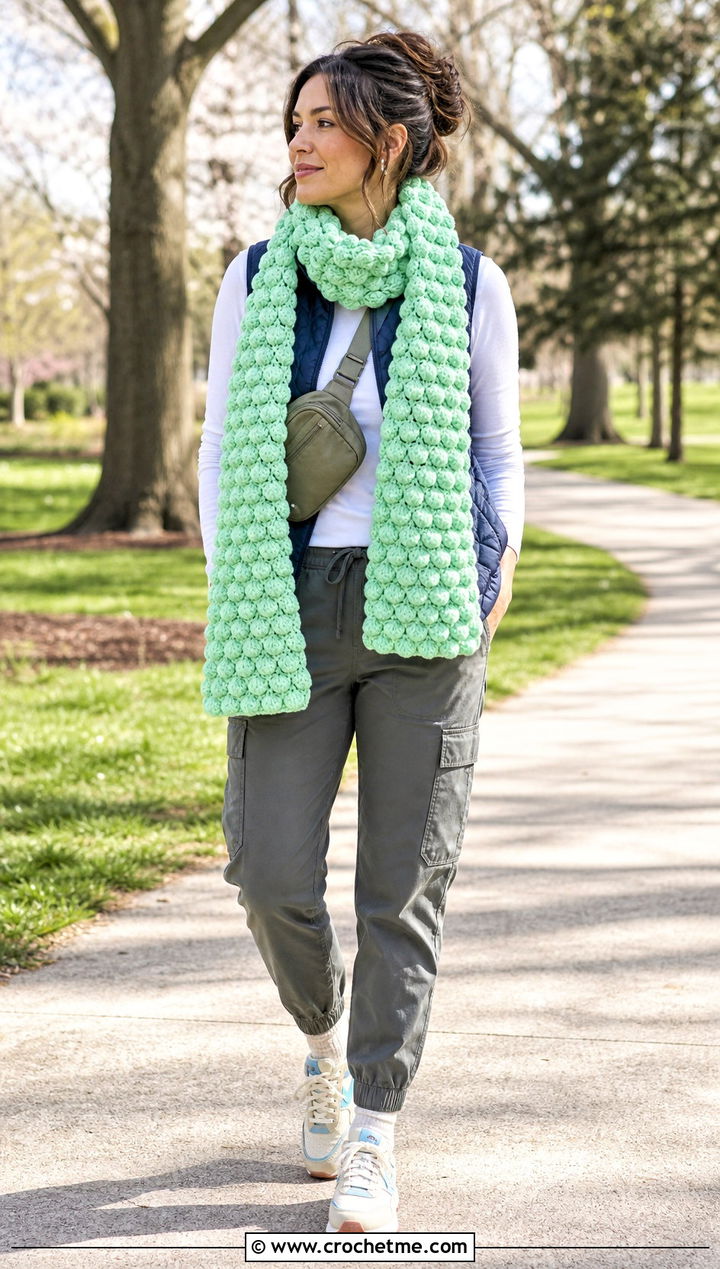 Puff Stitch Crochet Scarf With Quilted Vest - 35 cute crochet scarf outfit ideas