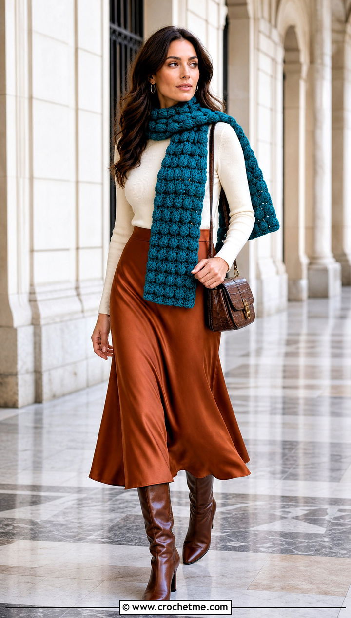 Puff Stitch Crochet Scarf With Satin Skirt - 35 crocheted scarf outfit ideas