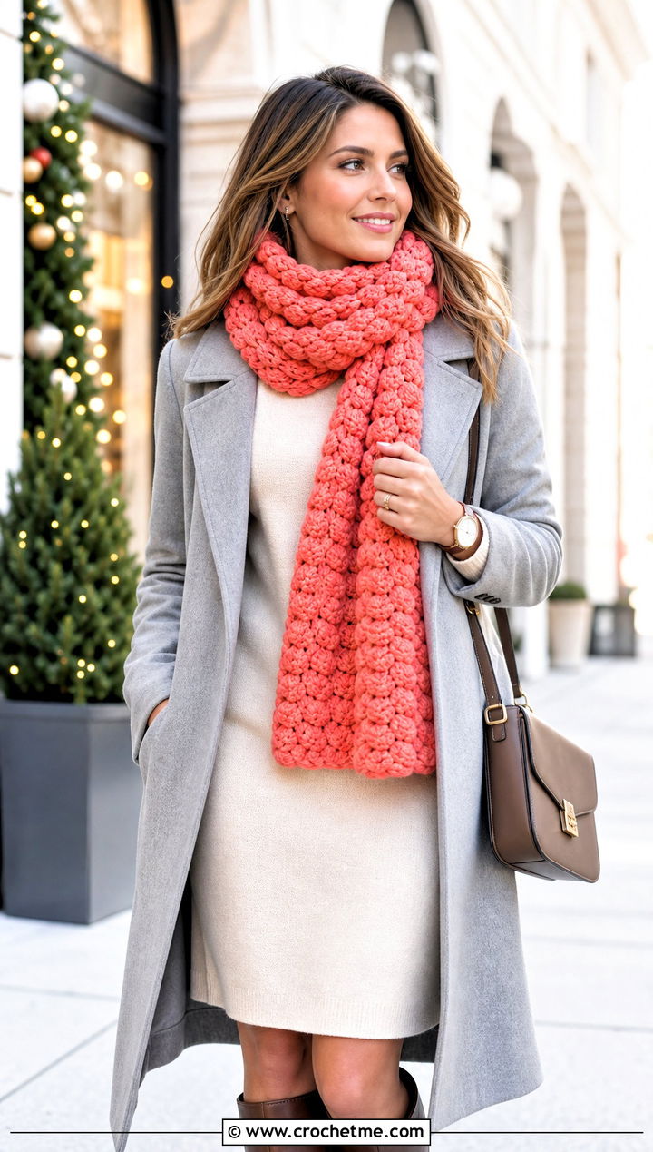 Puff Stitch Crochet Scarf With Sweater Dress And Knee High Boots - 15 Crochet Fancy Scarf outfit ideas