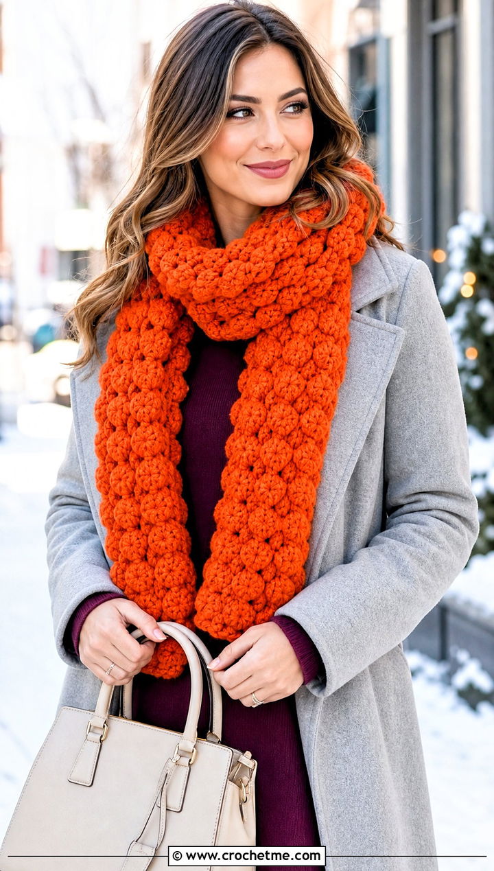 Puff Stitch Crochet Scarf With Sweater Dress - 15 Textured Crochet Scarf Design outfit ideas