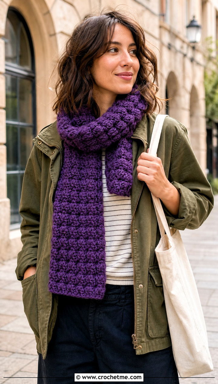 Puff Stitch Crochet Scarf With Utility Jacket - 30 unique crochet scarf outfit ideas