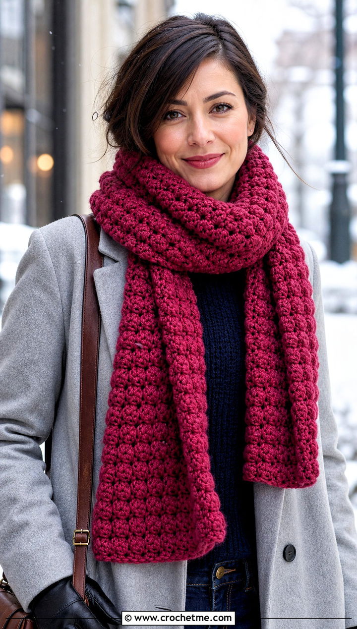 Puff Stitch Crochet Scarf With Wool Coat And Jeans - 25 super crochet scarf outfit ideas