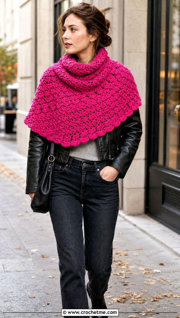 Puff Stitch Crochet Semi Circle Shawl With Leather Jacket - 25 Crochet Semi Circle Shawl outfit ideas