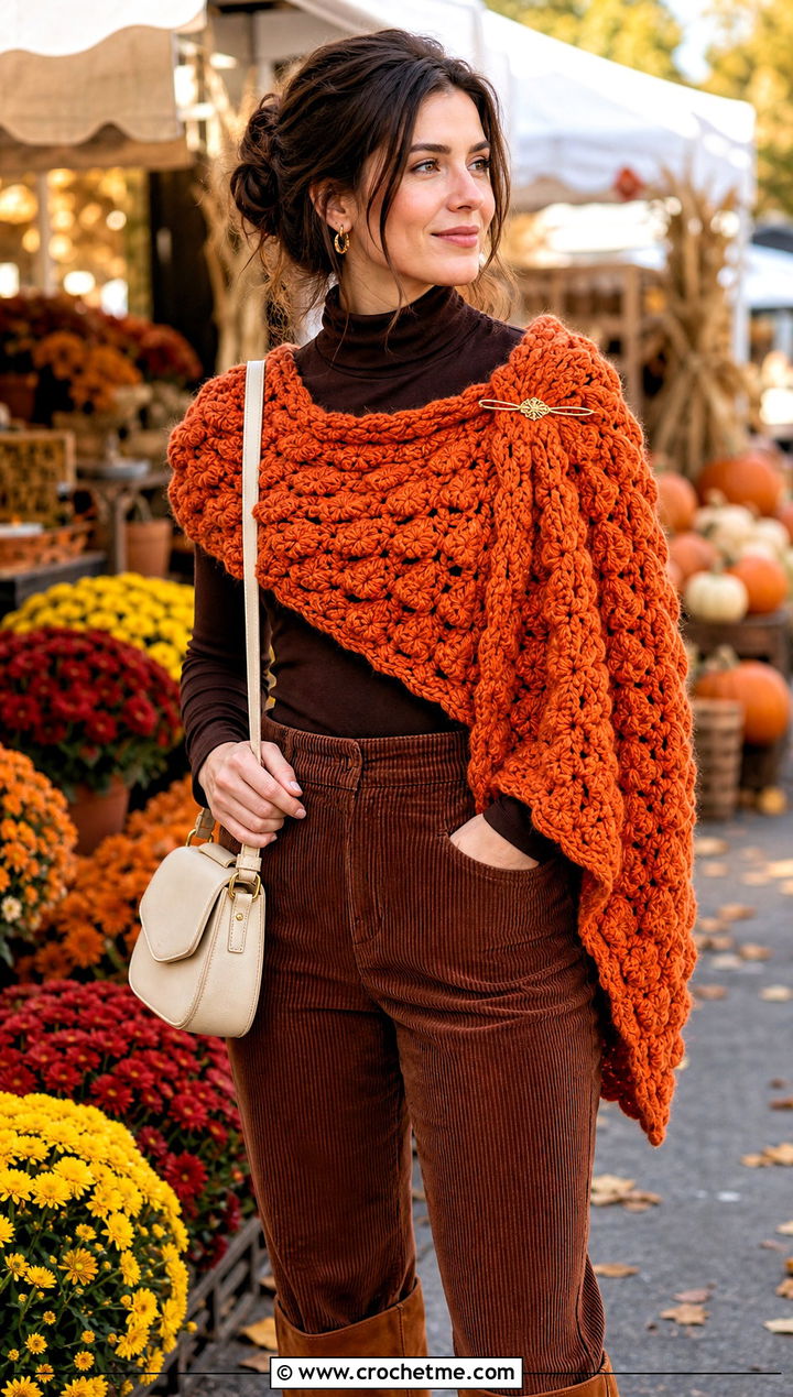 Puff Stitch Crochet Shawl With Corduroy Pants - 30 boho crochet shawl outfit ideas