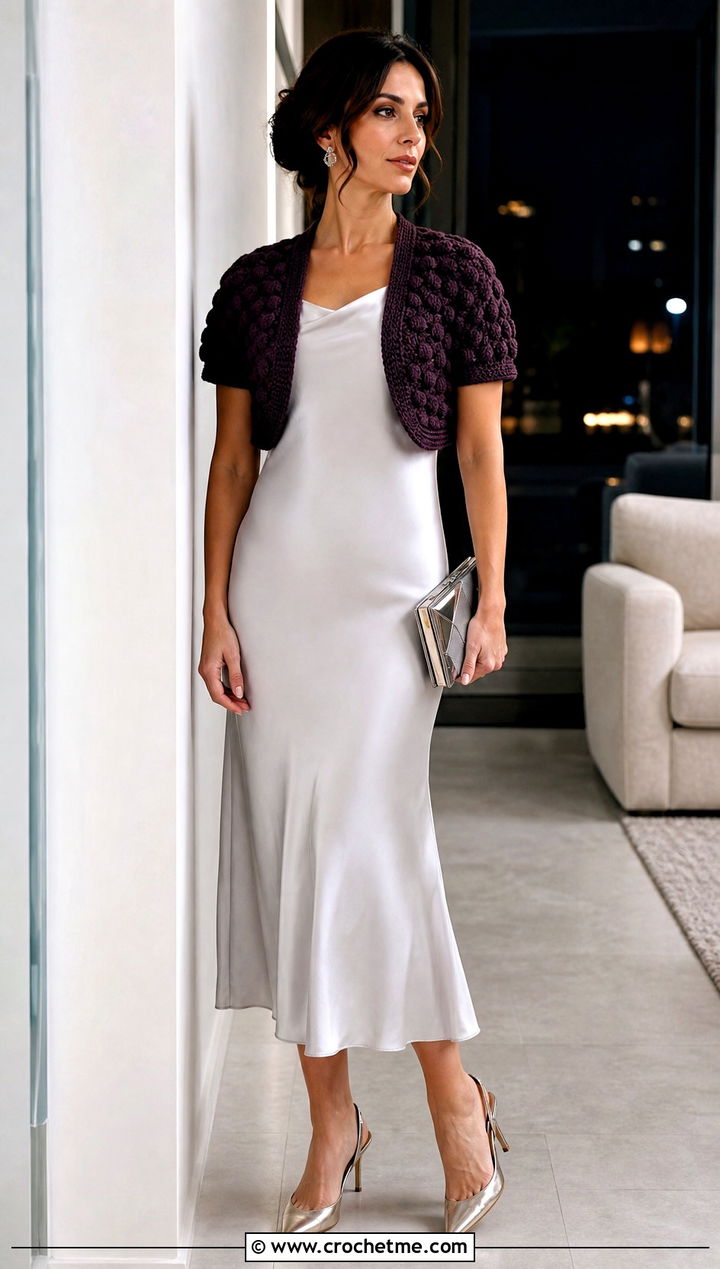 Puff Stitch Crochet Short Sleeve Shrug With Bias Midi Dress - 30 crochet short sleeve shrug outfit ideas