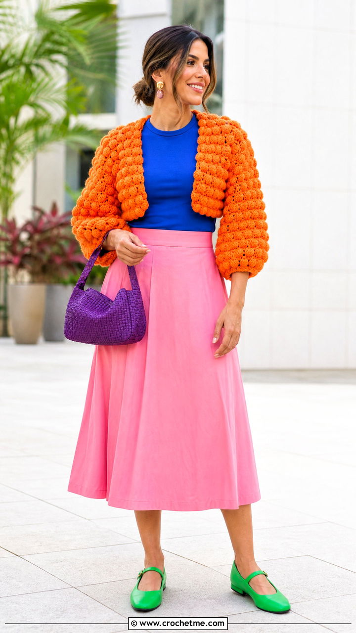 Puff Stitch Crochet Shrug With A Line Skirt - 35 crochet shrug outfit ideas