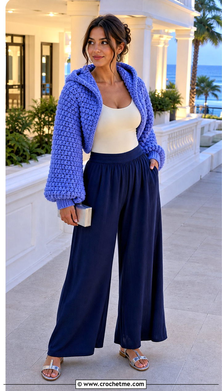 Puff Stitch Crochet Shrug With Hood And Palazzo Pants - 25 crochet shrug with hood outfit ideas