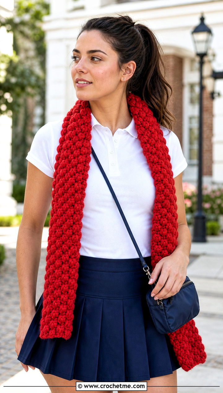 Puff Stitch Crochet Sleeve Scarf With Tennis Skirt - 30 crochet sleeve scarf outfit ideas