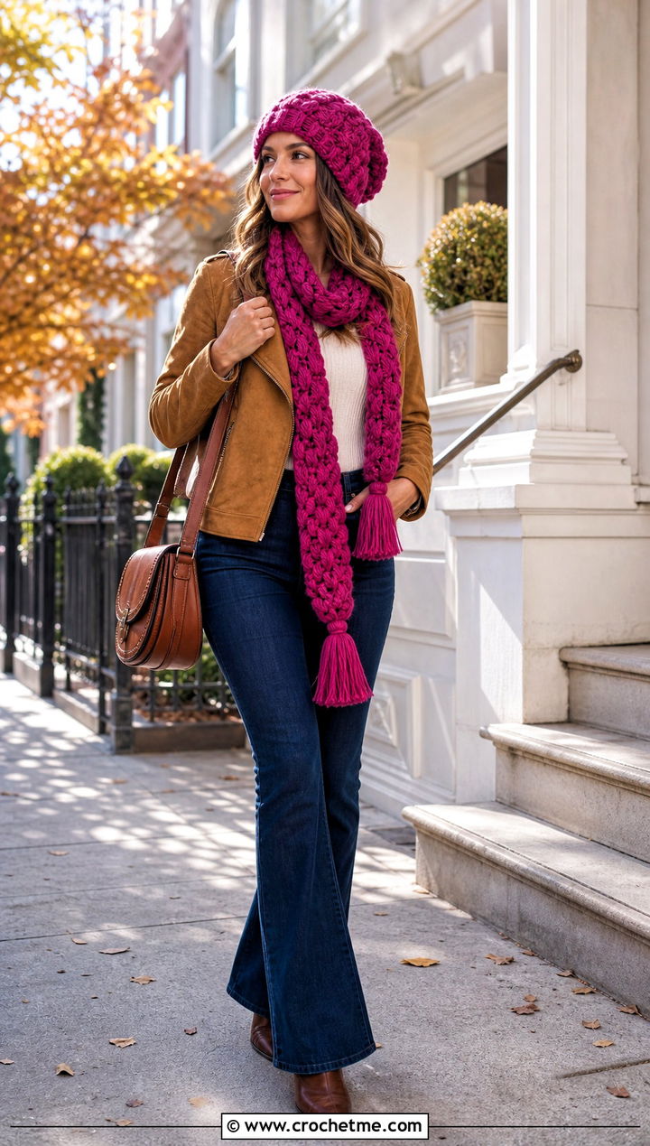 Puff Stitch Crochet Slouch Hat And Tassel Scarf With Suede Jacket - 35 crochet hat and scarf set outfit ideas