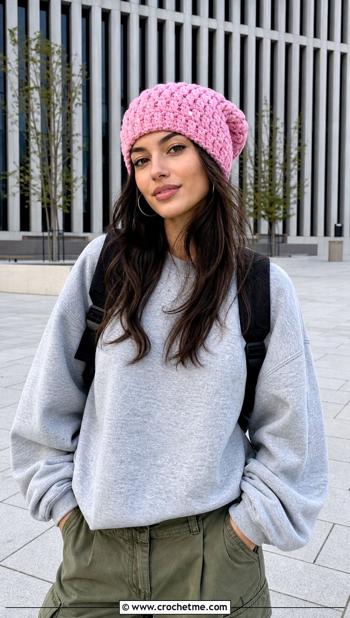 Puff Stitch Crochet Slouch Hat With Sweatshirt And Cargo Pants - 25 easy crochet slouch hat outfit ideas