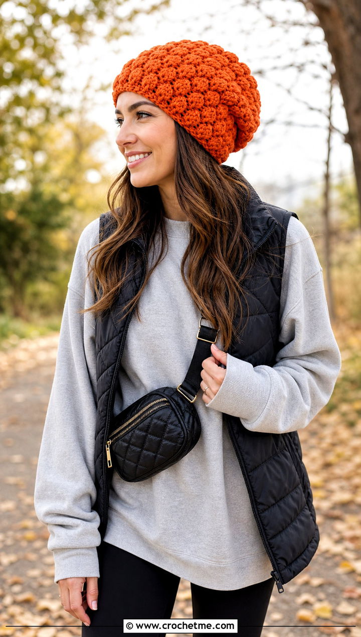Puff Stitch Crochet Slouchy Beanie With Sweatshirt And Leggings - 15 Textured Crochet Hat outfit ideas