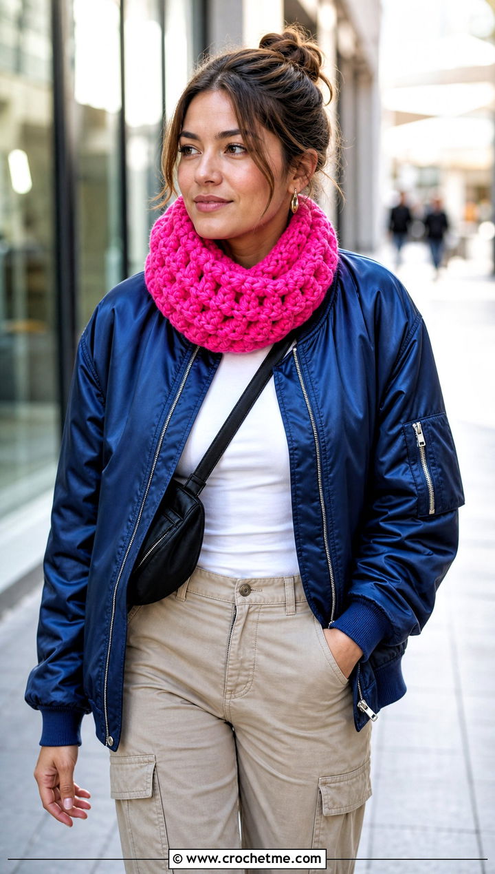 Puff Stitch Crochet Snood Scarf With Bomber Jacket - 25 snood crochet scarf outfit ideas