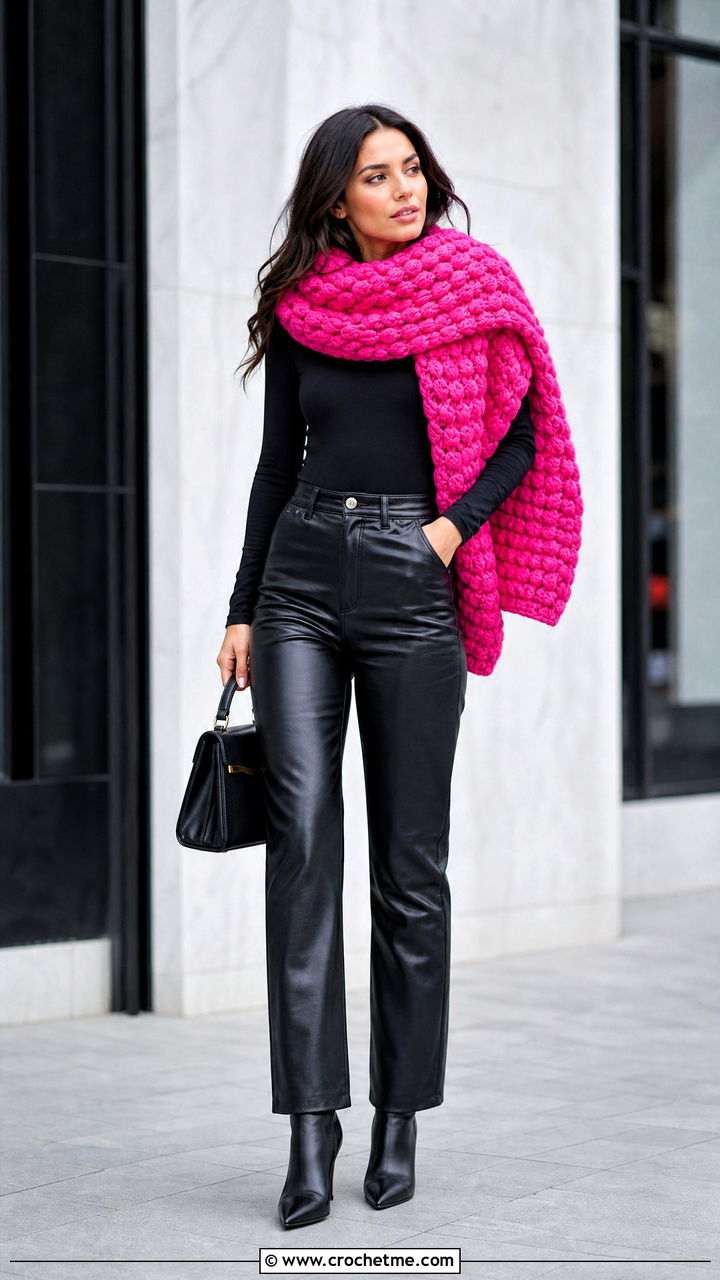 Puff Stitch Crochet Sweater Scarf With Leather Pants - 35 crochet sweater scarf outfit ideas