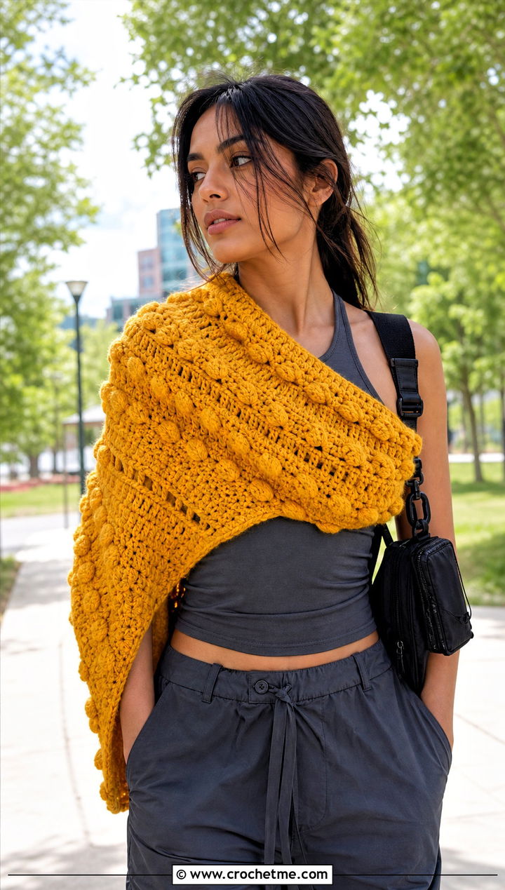 Puff Stitch Crochet Sweater Scarf Wrap With Parachute Pants - 30 crochet scarf sweater wrap outfit ideas