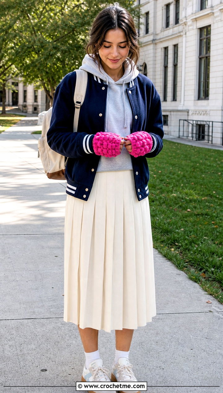 Puff Stitch Crochet Texting Gloves With Varsity Jacket - 15 Crochet Texting Gloves outfit ideas