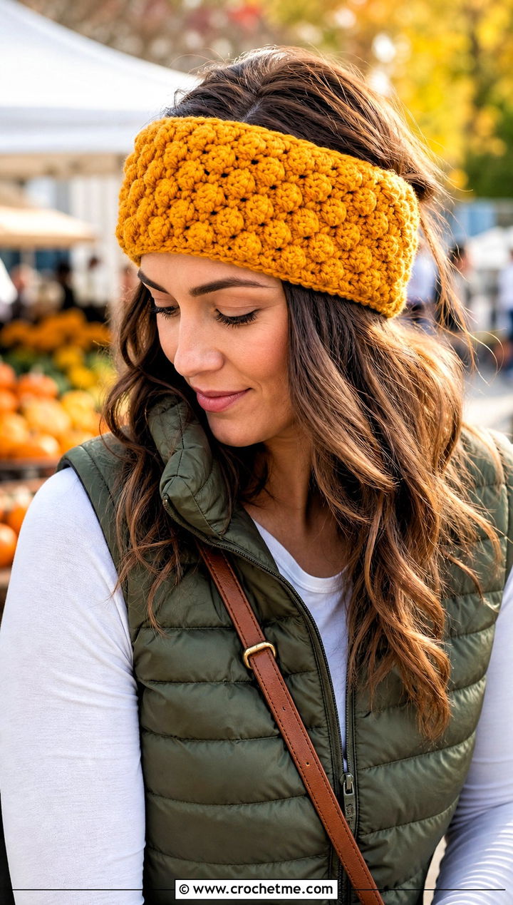 Puff Stitch Crochet Tie Headband With Puffer Vest - 35 crochet tie headband outfit ideas