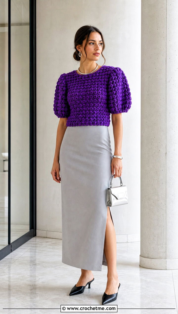 Puff Stitch Crochet Top With Column Skirt - 35 crochet puff top outfit ideas