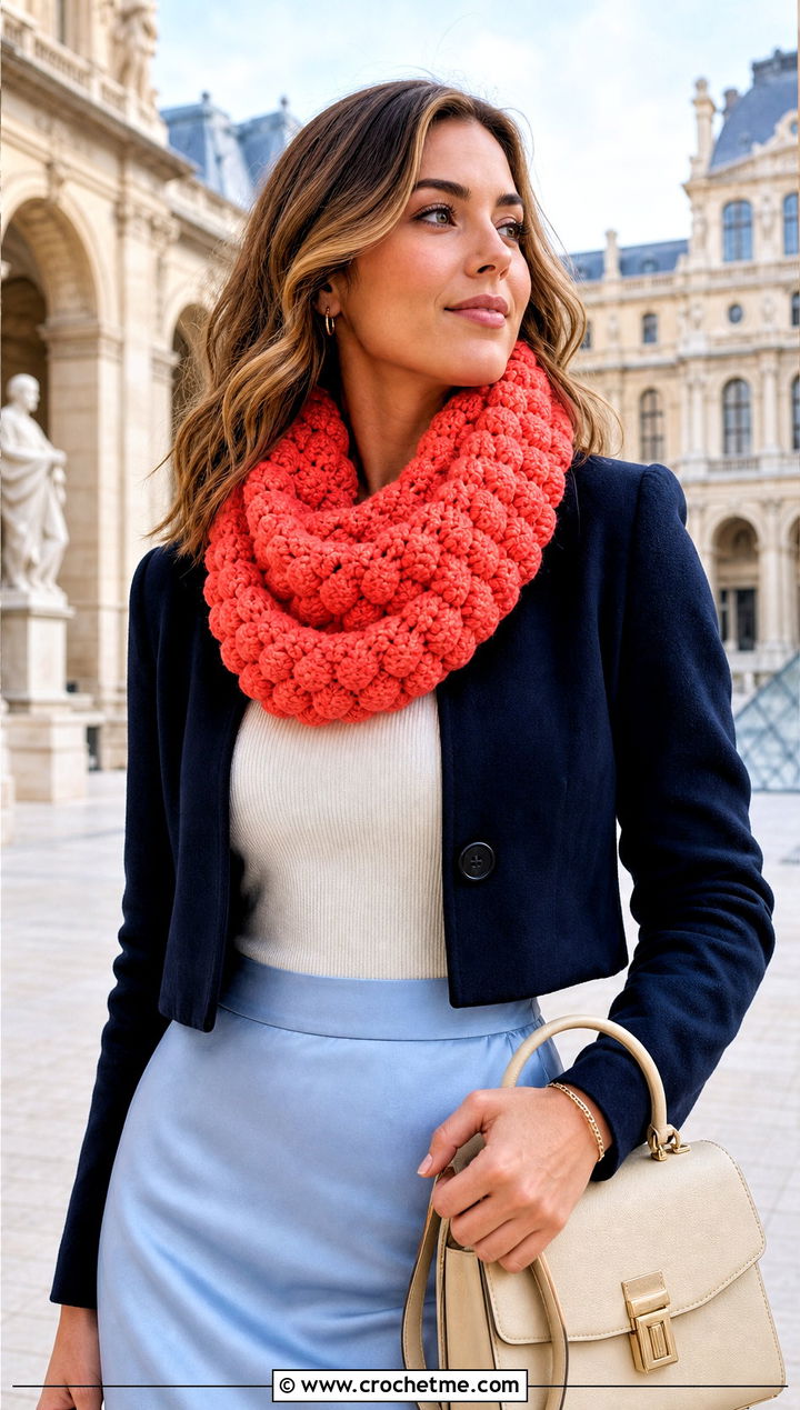 Puff Stitch Crochet Tube Scarf With Midi Skirt - 20 Crochet Tube Scarf outfit ideas