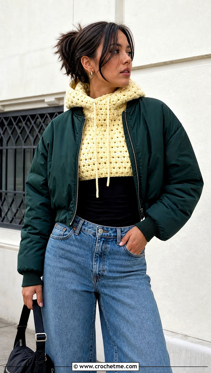 Puff Stitch Crochet Turtle Neck Hoodie With Bomber Jacket - 30 crochet turtle neck hoodie outfit ideas