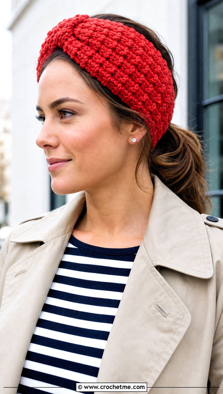 Puff Stitch Crochet Twist Headband With Trench Coat - 30 crochet twist headband outfit ideas