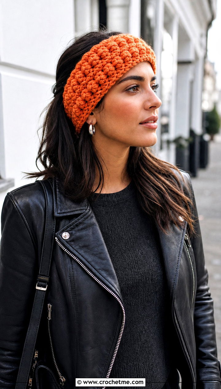 Puff Stitch Crochet Winter Headband With Leather Jacket - 15 crochet winter head band outfit ideas