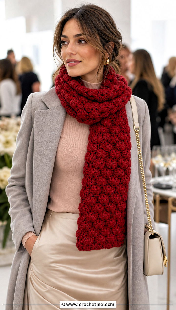 Puff Stitch Crochet Winter Scarf With Satin Skirt - 35 crochet winter scarf outfit ideas