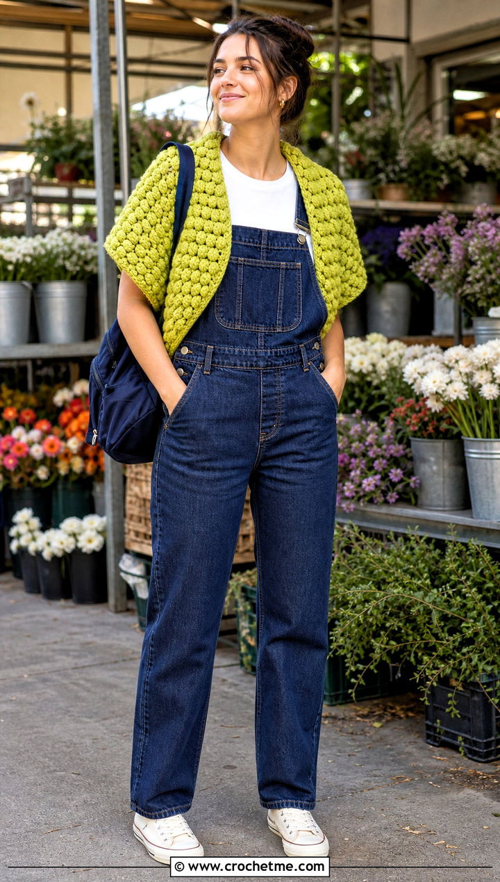 Puff Stitch Crochet Wrap Shrug With Overalls - 35 Crochet Wrap Shrug outfit ideas